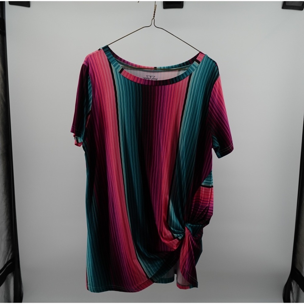 Crazy Train Womens Pink Teal Striped Side Knot Short Sleeve Top Size S‎